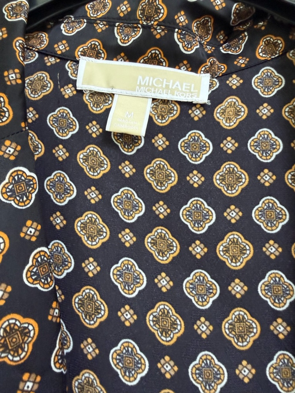 Michael Kors Black Blouse with Gold and White Medallion Print